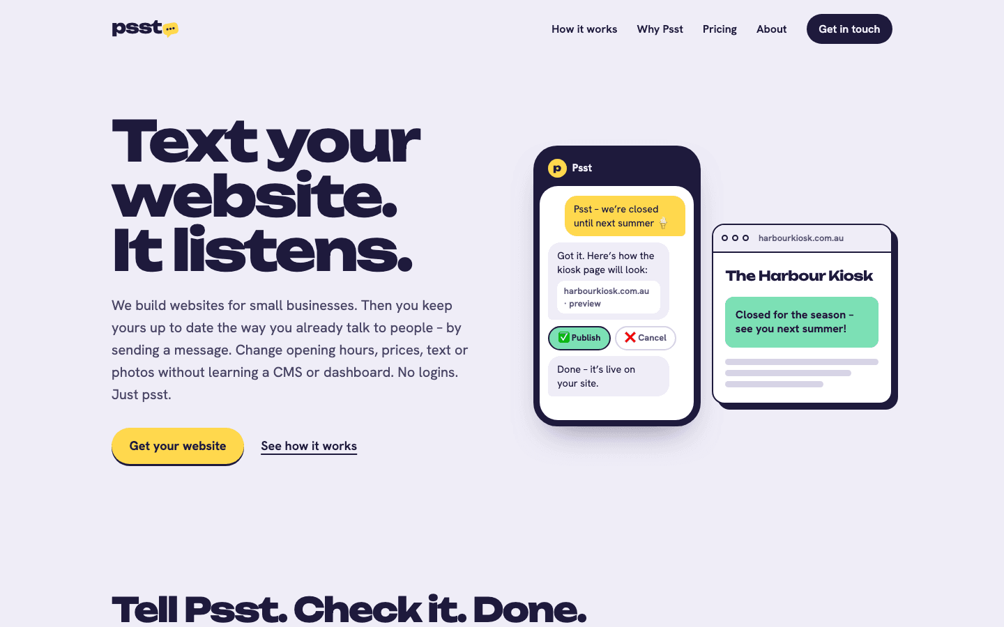Public Psst website showing the message-led website editing concept
